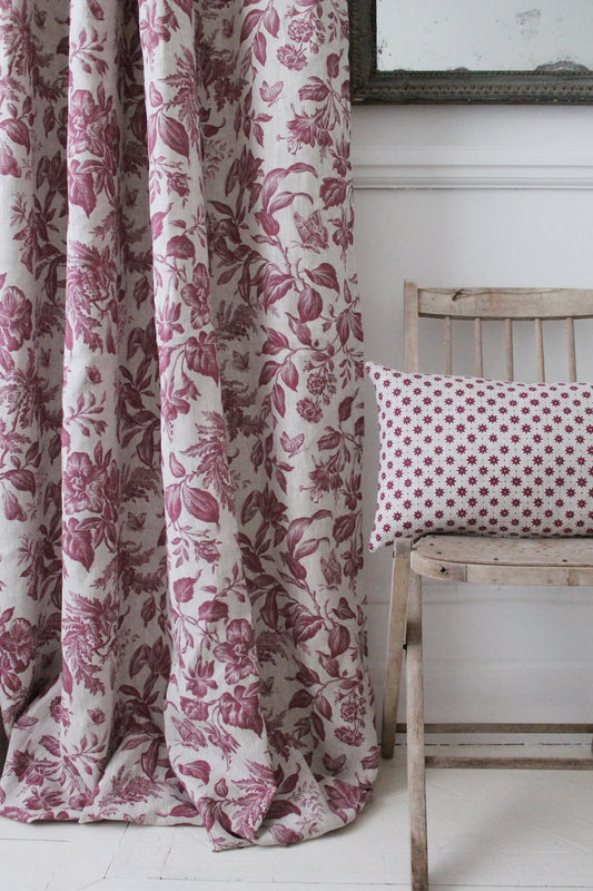 Floraison French Raspberry Natural Linen Fabric Curtain