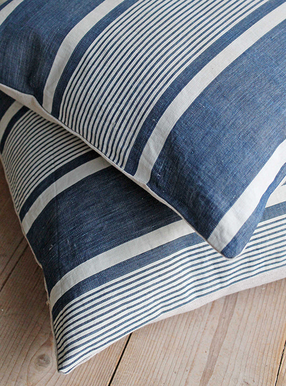 Pillo Ticking Stripe Vintage Blue Linen Square Cushion Close Up