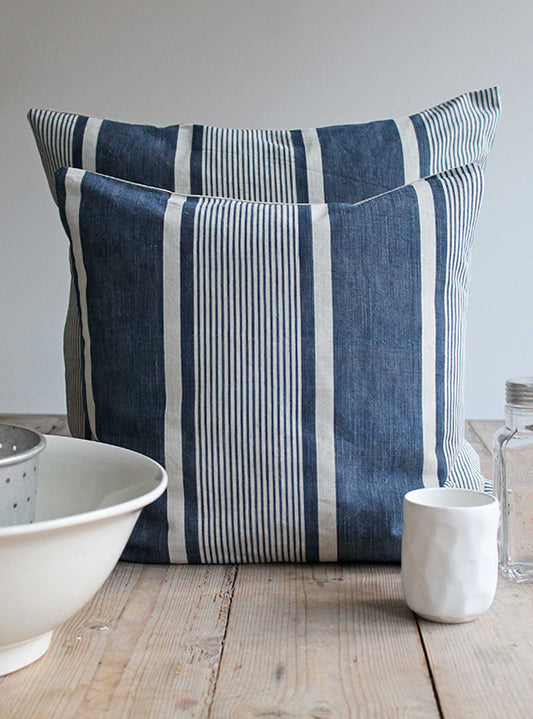 Pillo Ticking Stripe Vintage Blue Linen Square Cushion Front Shot
